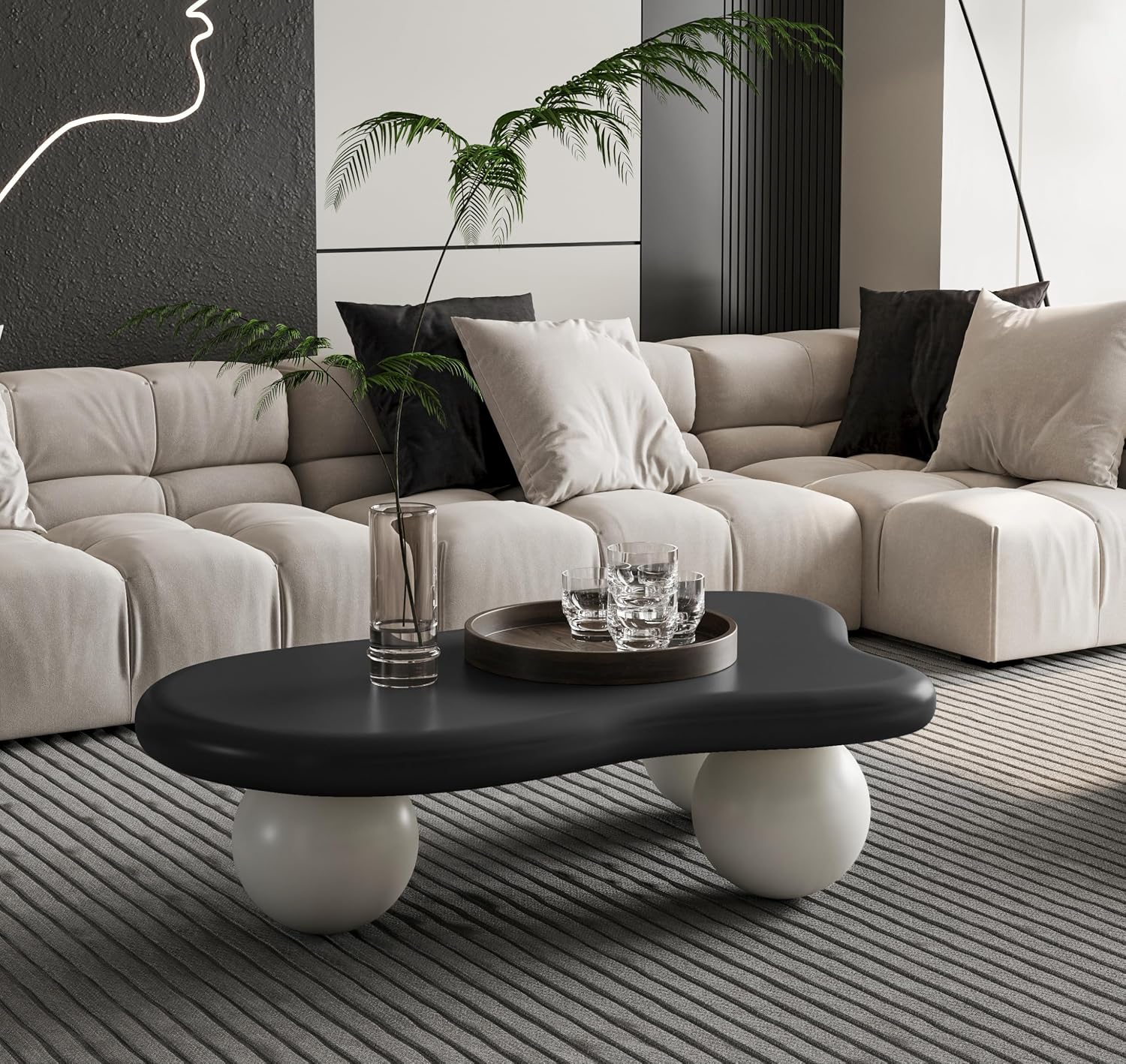 40' Cloud Coffee Table for Living Room Irregular Coffee Table Modern Low Coffee Tables Abstract Faux Stone Cute Center Table with 3 Ball Legs for Small Space Apartment (Black & White)