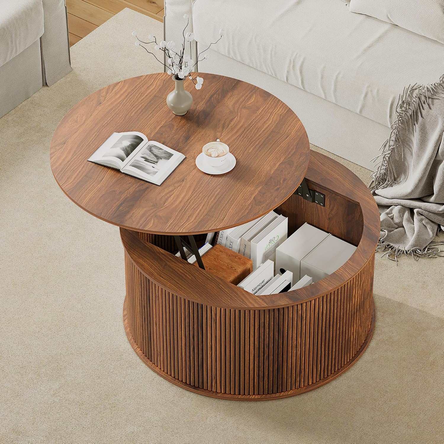 Lift Top Coffee Table, Fluted Round Coffee Table with Storage, Farmhouse Center Dining Table Circle Table for Living Room, Apartment, Home Office (Walnut)