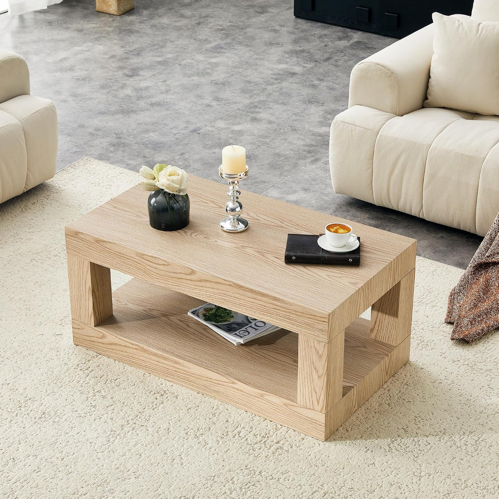 39.4' Coffee Table with Storage, 2-Tier Wood Coffee Table with 4' Thick Tabletop, Mid Century Modern Cocktail Center Tea Tables with Bottom Shelf for Living Room, Office, Apartment,Light Wood
