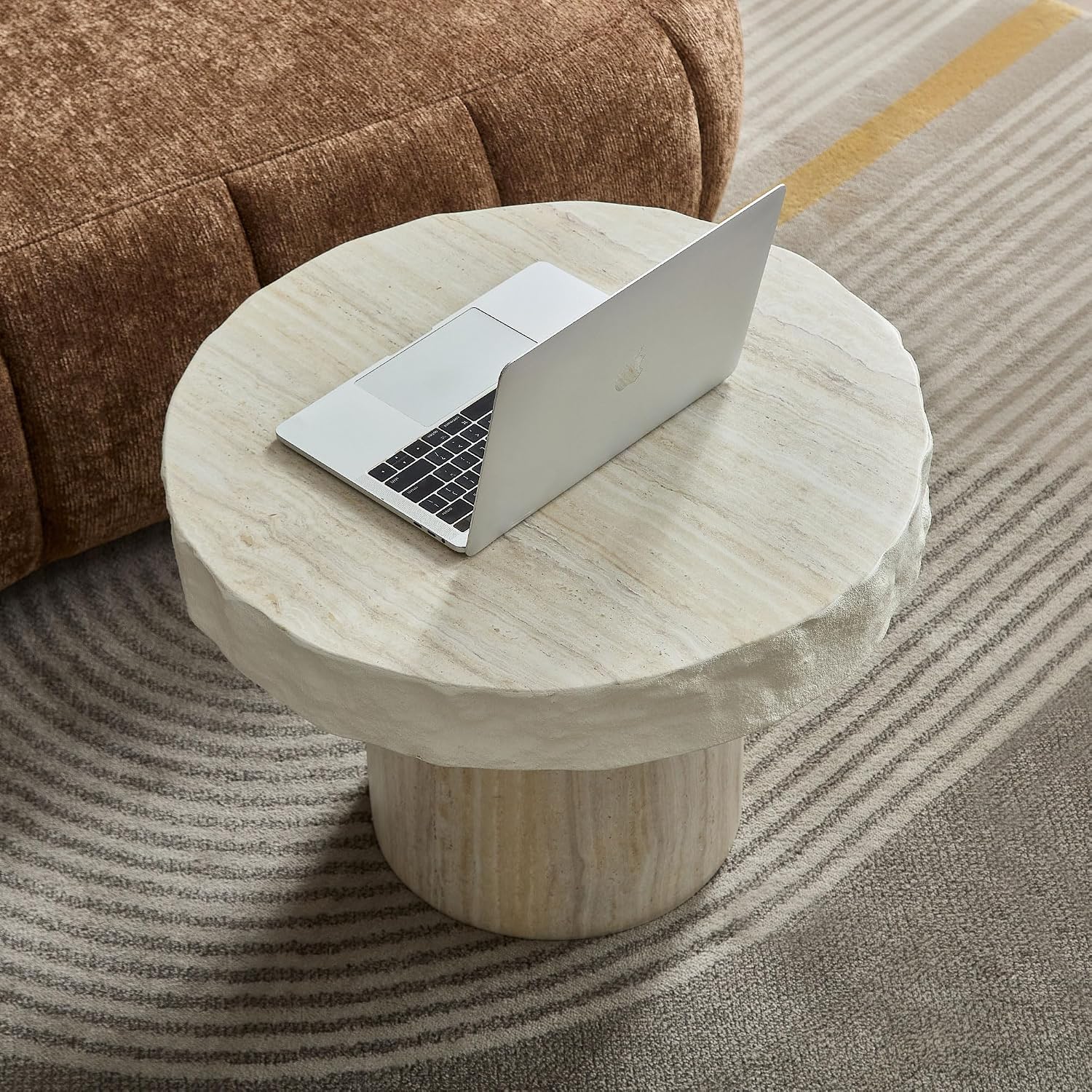 WILLIAMSPACE 23.82' Round Coffee Table with Faux Mars Pattern for Living Room, Modern Fiberglass Circle Travertine Center Table with Base, Faux Stone Tea Table for Apartment, No Need Assembly (Beige)