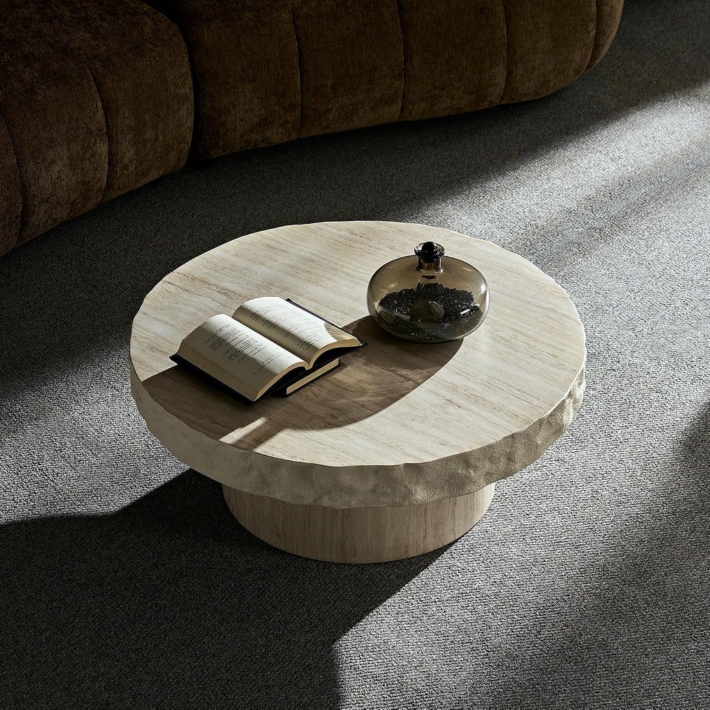 WILLIAMSPACE 31.69' Round Coffee Table with Faux Mars Pattern for Living Room, Modern Fiberglass Circle Travertine Center Table with Base, Faux Stone Tea Table for Apartment, No Need Assembly (Beige)
