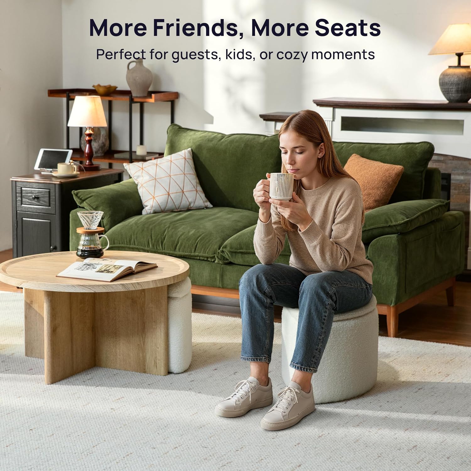 Square Coffee Table with Stools Underneath, Wood Ottoman Coffee Tables with 4 Boucle Storage Ottomans & Seats, Mid-Century Modern Coffee Table with Chairs for Living Room, Small Space, Natural&White