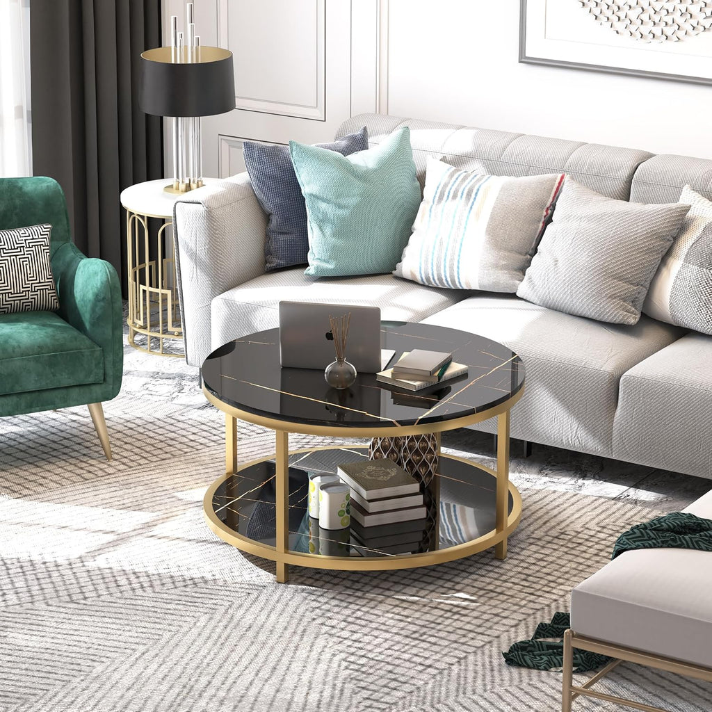 WiberWi Round Coffee Table 33.5' Coffee Tables for Living Room High Glossy Faux Balck Marble Top Modern Circle Table Sturdy Gold Metal Frame Legs Cocktail Table with Storage Open Shelf