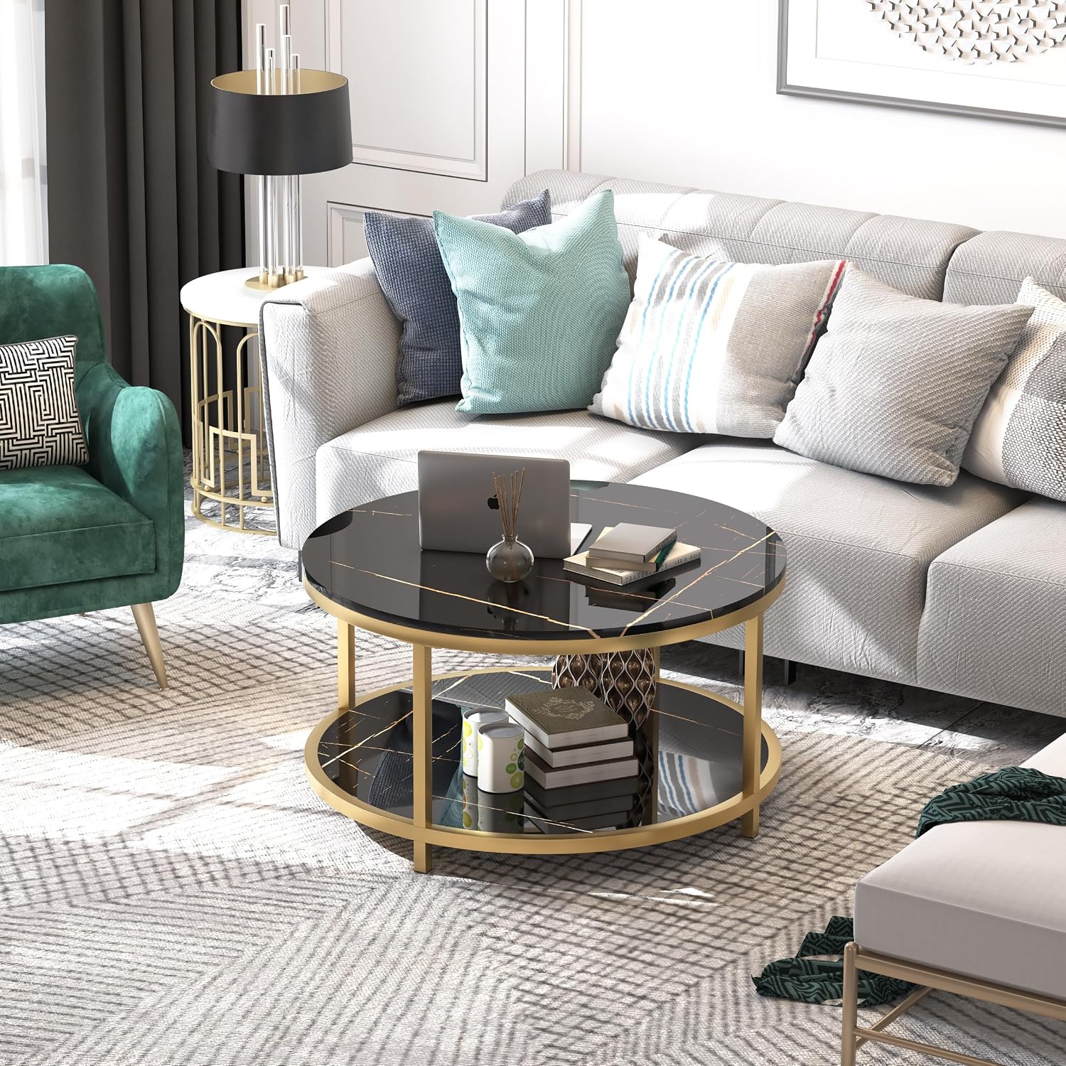 WiberWi Round Coffee Table 33.5' Coffee Tables for Living Room High Glossy Faux Balck Marble Top Modern Circle Table Sturdy Gold Metal Frame Legs Cocktail Table with Storage Open Shelf