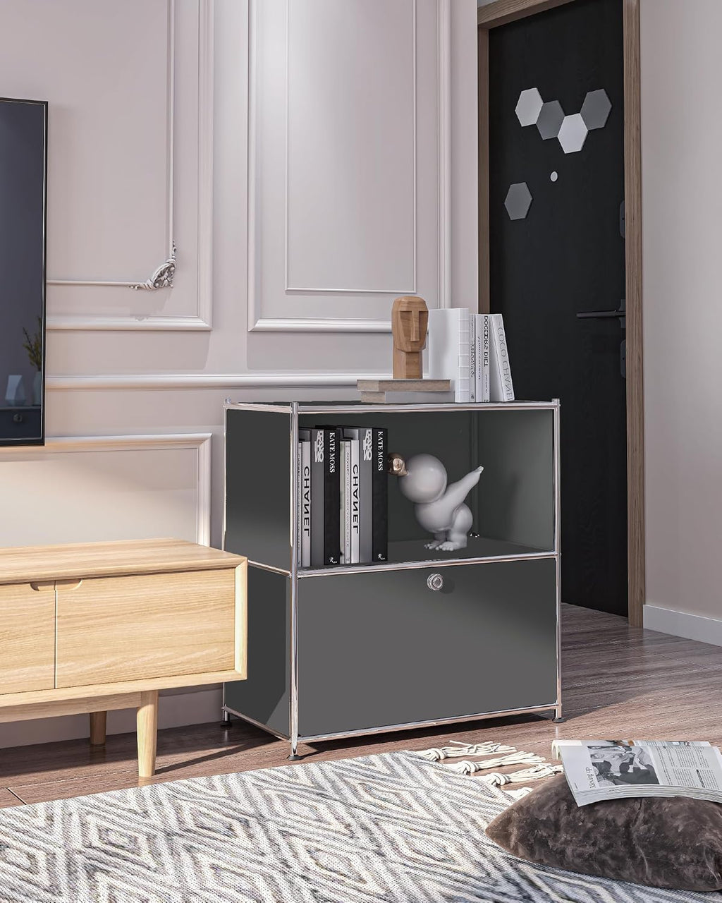 32.5-Inch Flip-Top Storage Cabinet with Detachable Wheels, Metal Side Table and Small Sideboard Cabinet for Living Room, Bedroom, Office, Orange