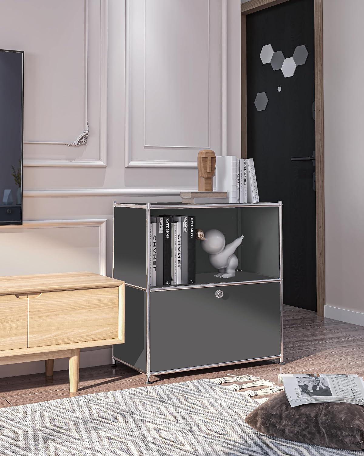 32.5-Inch Flip-Top Storage Cabinet with Detachable Wheels, Metal Side Table and Small Sideboard Cabinet for Living Room, Bedroom, Office, Orange