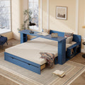 Wood Daybed Queen Size with Removable Desk and Extendable Armrests, 4-in-1 Multifunctional Design Daybed Sofa Bed with Storage Drawers & Hydraulic Side Table (Blue-11.27, Queen)