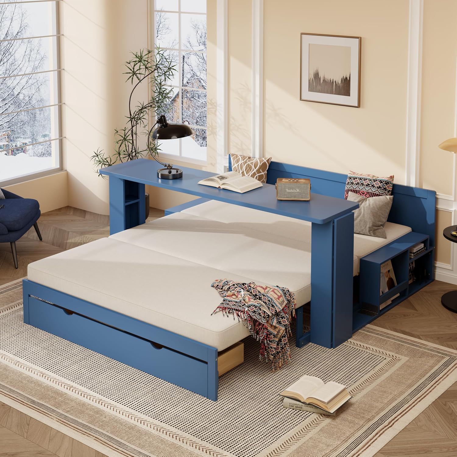 Wood Daybed Queen Size with Removable Desk and Extendable Armrests, 4-in-1 Multifunctional Design Daybed Sofa Bed with Storage Drawers & Hydraulic Side Table (Blue-11.27, Queen)