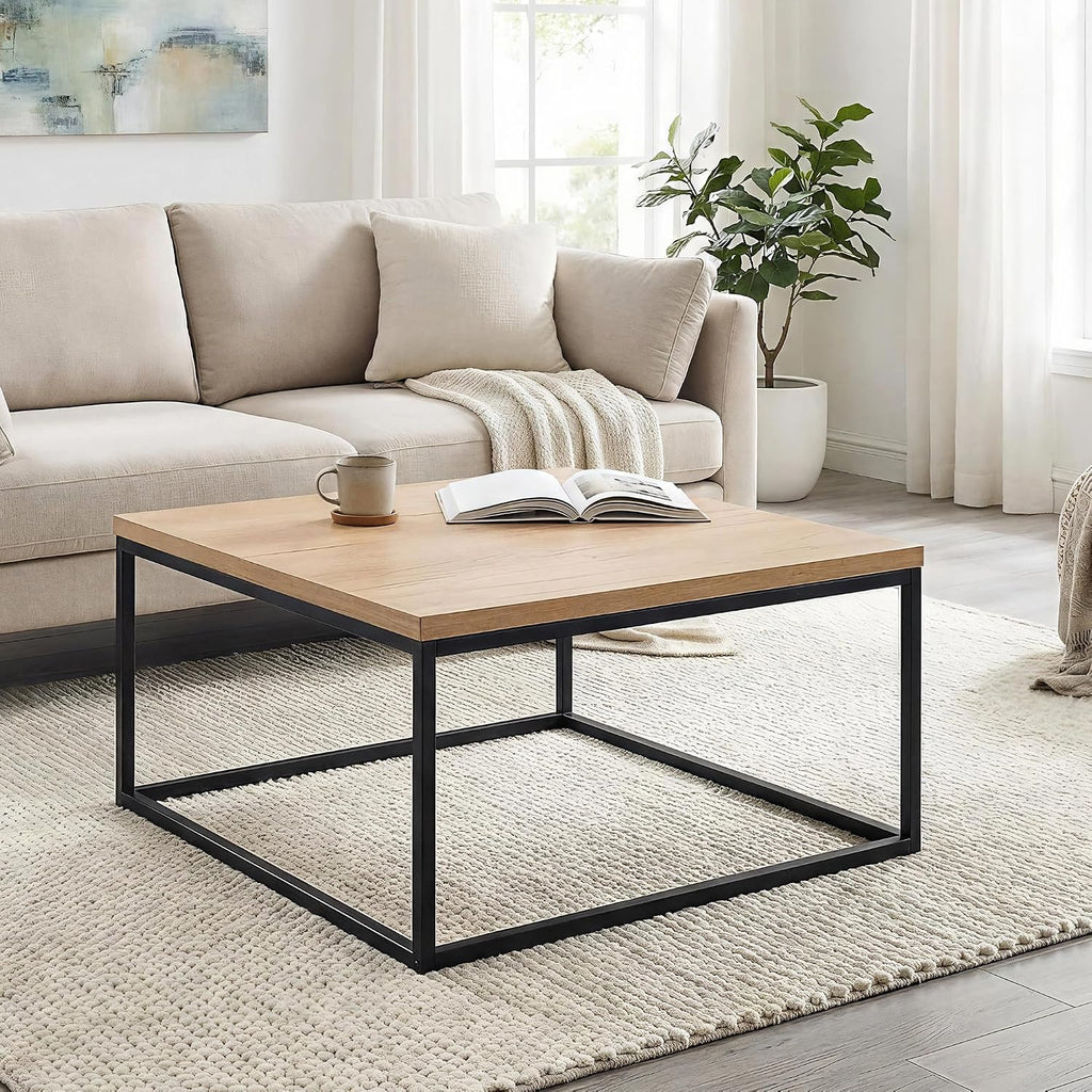 CENSI 30' Square Coffee Table, Natural Oak Light Wood Center Table for Living Room, Modern Industrial Farmhouse Cocktail Table, Extra Thick 1.2' Top with Sturdy Metal Frame, Scandi Style