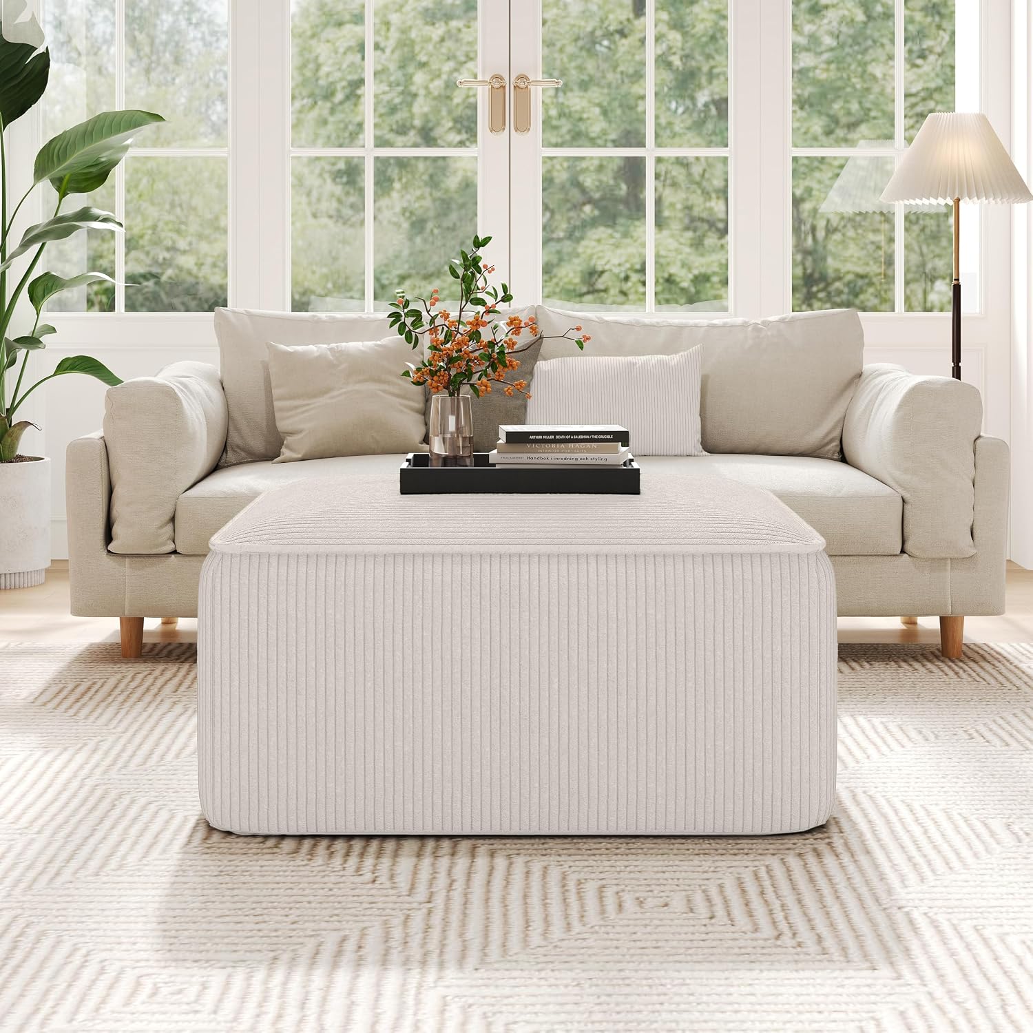 Christopher Knight Home Isa Square Ottoman Footstool, Corduroy Pouf Poufee Footrest Ottoman Large Seat, Modern Side Table for Living Room Bedroom Home Decor, Beige, 30'