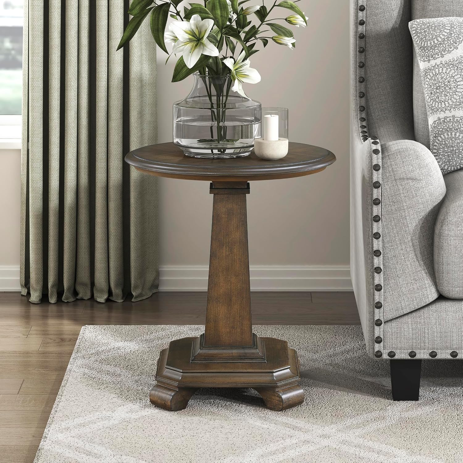 Lexicon 22 Dia. Round End Table, Wood Side Table with Sturdy Pedestal Leg, Cherry Veneer Accent Nightstand with for Small Spaces, Living Room, Bedroom, Entryway, Easy Assembly, Brown