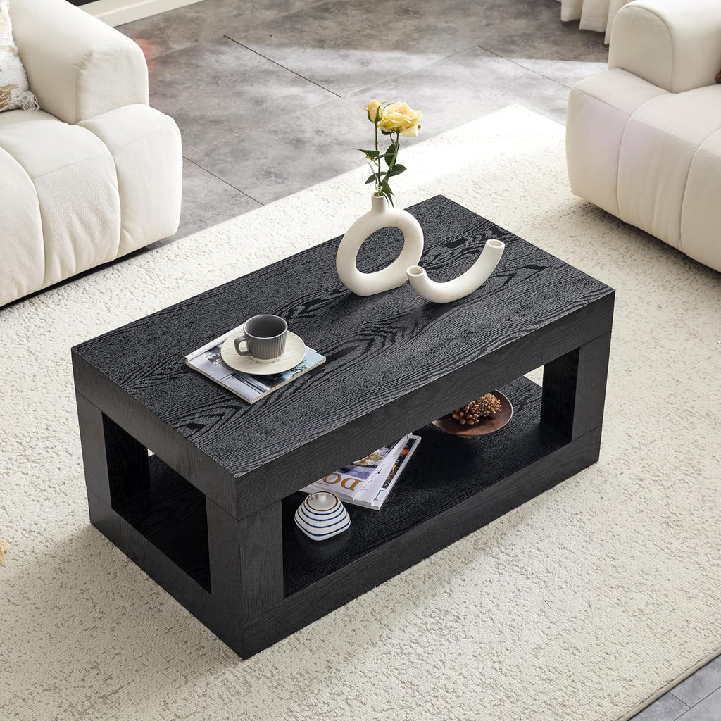 LKTART 39.37' Coffee Table with Storage, 2-Tier Mid Century Rectangular Accent Table with Thick Tabletop, Rustic Style Cocktail, Center Table for Living Room, Office, Apartment (Black)