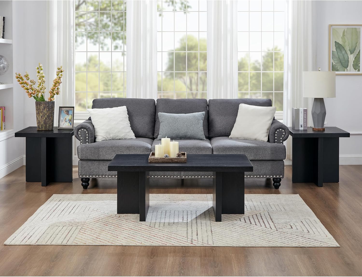 Roundhill Furniture Mchome 3-Piece Coffee Table Set, Coffee Table and Two End Tables, Black Finish