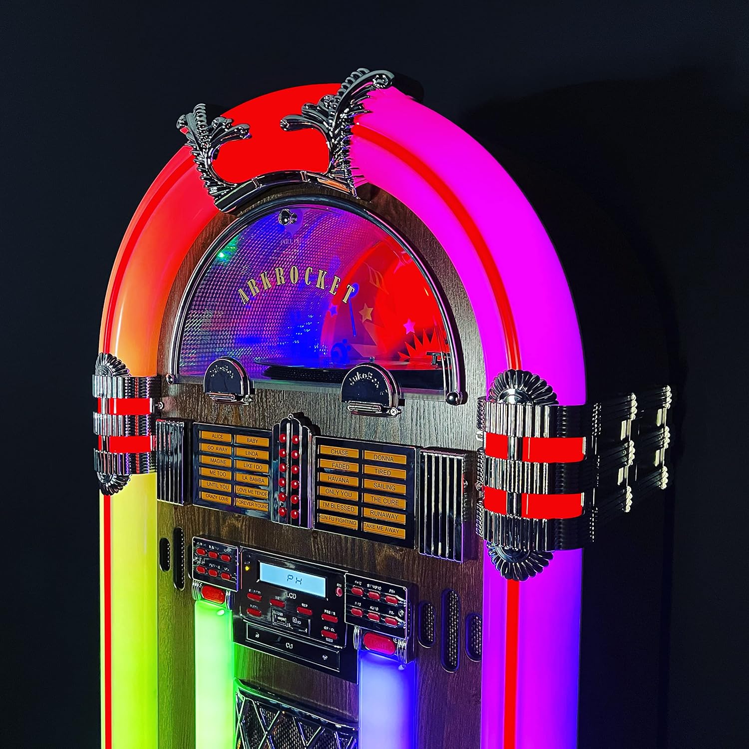 Arkrocket Saturn V Full Size Jukebox Vinyl Record Player Bluetooth USB SD CD Player Radio Retro Classic Jukebox (Saturn V + Stand - Oak)