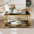 Merax 33.5' Square Glass Coffee Table, Luxurious Geometric Metal Frame, Gold Finish & Lower Shelf, for Living Room Apartment, Black