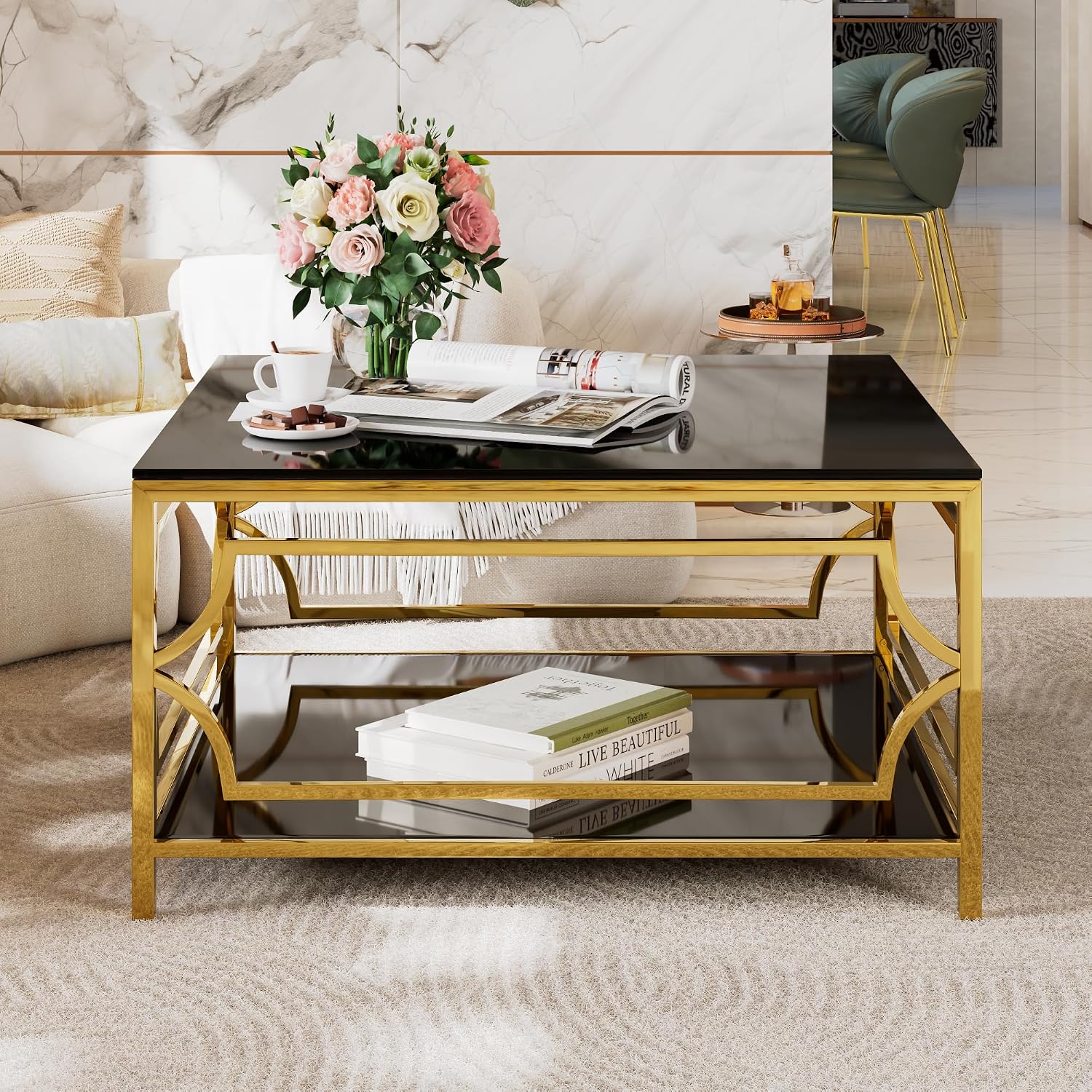 Flieks Square Glass Coffee Table in 33.5',Luxurious Geometric Metal Frame,Gold Finish & Lower Shelf