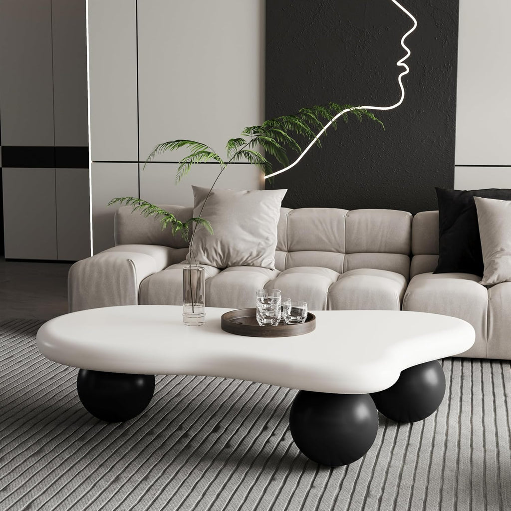 47' Cloud Coffee Table for Living Room Irregular Coffee Table Modern Low Coffee Tables Cute Small Center Table with 3 Ball Legs for Small Space Apartment White & Black