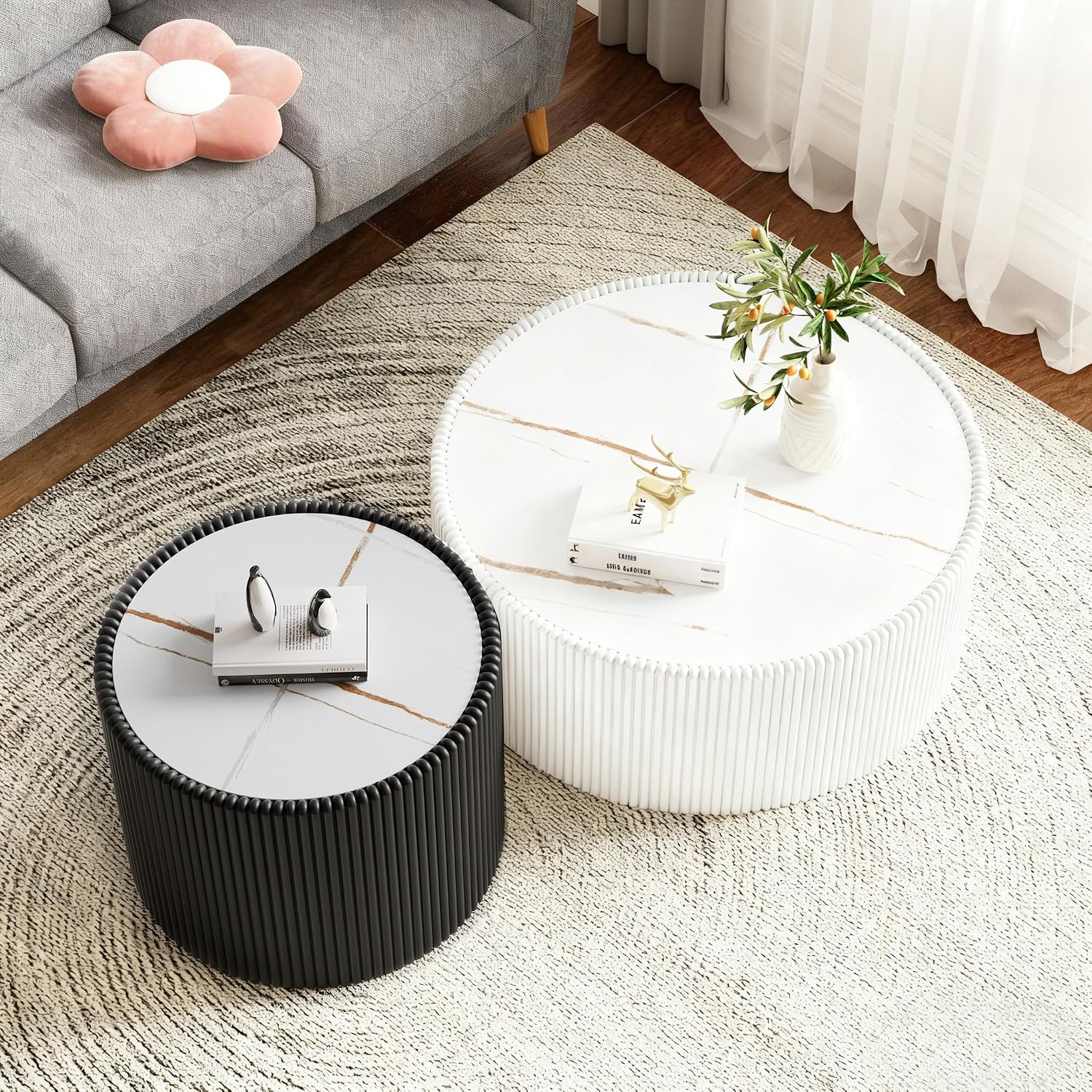 Round Coffee Table Set with Sintered Stone Tabletop, 29.52' White Drum Center Table and 17.71' Black Coffee Table Set, 2 Pieces Living Room Table Set with Fluted PU Leather Cover& Stable Base