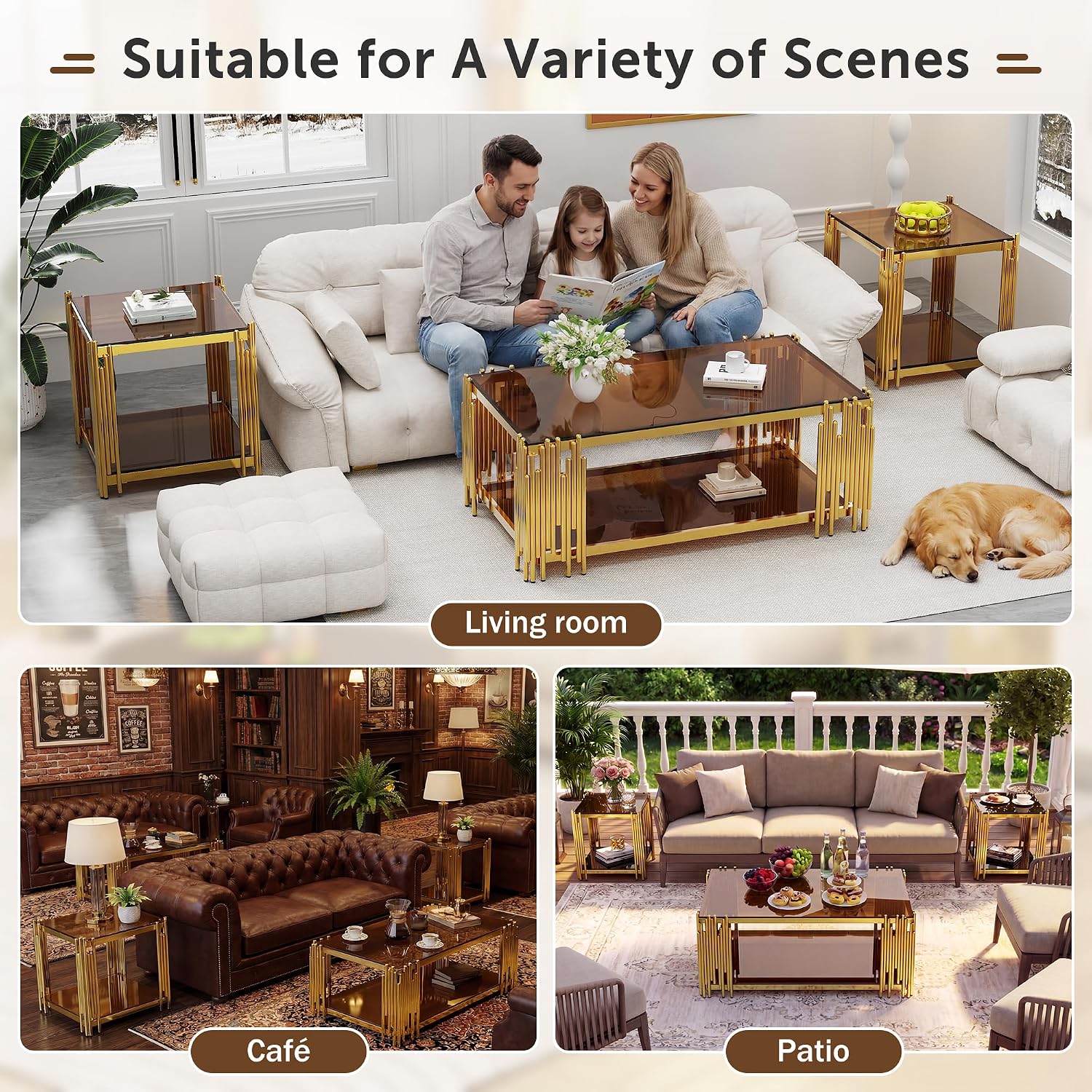 Brown Glass Coffee Table Modern Gold Living Room Table Luxury Stainless Steel Metal Leg 43' Rectangular Tempered Glass Center Tables for Home Office