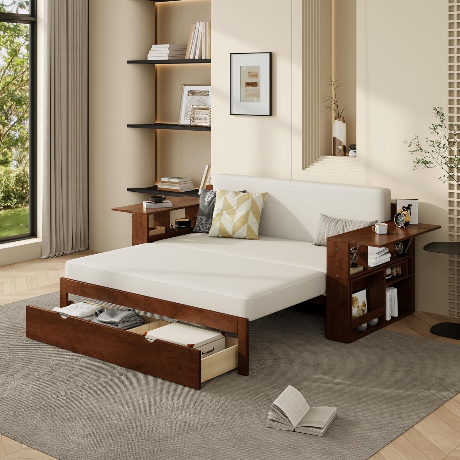 Wood Daybed Full Size with Removable Desk and Extendable Armrests, 4-in-1 Multifunctional Design Daybed Sofa Bed with Storage Drawers & Hydraulic Side Table (Espresso-11.27, Full)