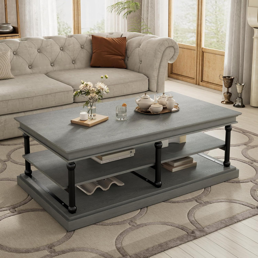 Christopher Knight Home Oner Living Room Coffee Table with Spacious 2-Tier Design, Modern Rubberwood Rectangular Side Table, Multifunctional Accent Table with Open Storage Shelves, Black + Gray