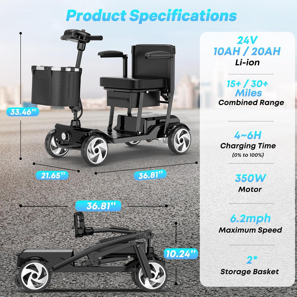 Mobility Scooters, Lightweight Electric Scooters for Seniors&Adults | 49lb Aluminum Frame with Removable Battery, Foldable Motorized Scooters for Trips, Shopping, Daily Use, Lacquer Black, 10 Ah