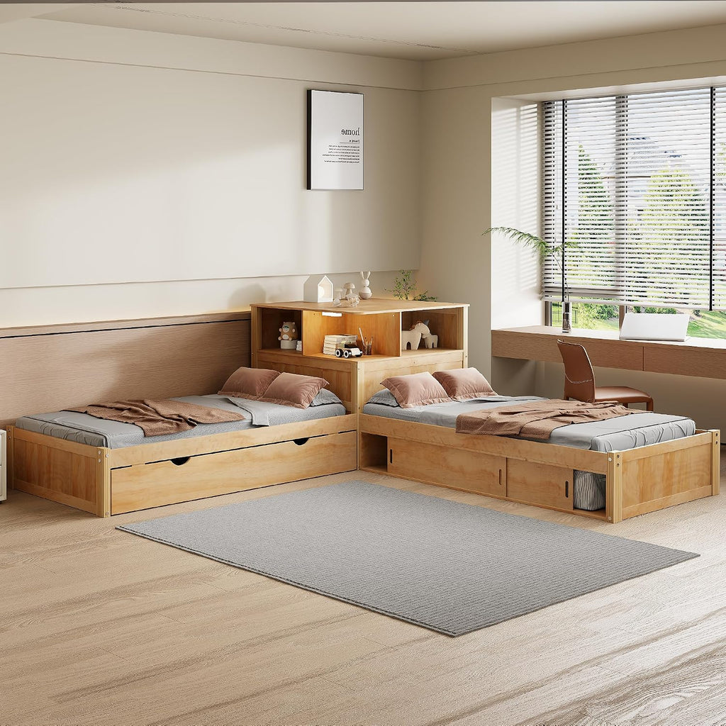 RuiSiSi Twin L-Shaped Bed with Trundle, LED Light & Storage Cabinets, Corner Bed with Frame Desk and Shelves for 3 Kids, Wood L-Shaped Platform Bed with Bookcase, Natural