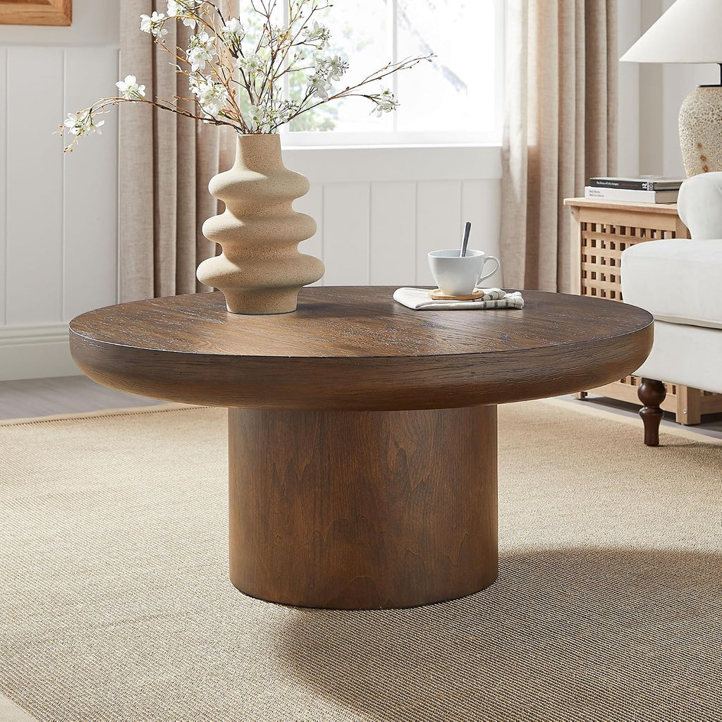 WILLIAMSPACE 35.98' Round Coffee Table with Cylindrical Base, Modern Wood Drum Center Table, Accent Side End Table for Living Room Apartment, φ35.98'*15.98'H (Dark Brown)