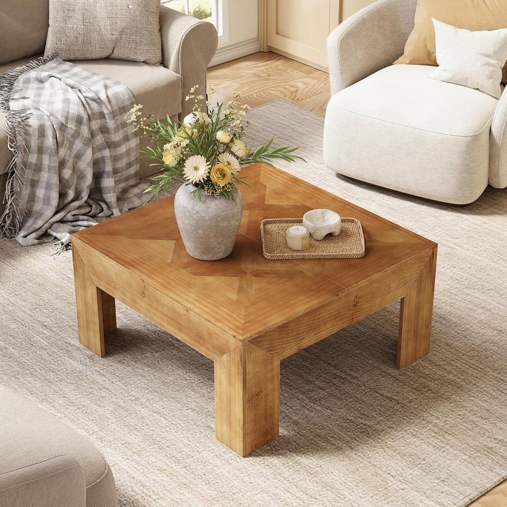 LITTLE TREE 39.4' Solid Wood Coffee Table, Square Coffee Table with Intricate Inlaid Top & Sturdy Legs, Rustic Center Tables for Living Room, Easy Assembly, Brown, 39.4' L x 39.4' W x 19.7' H