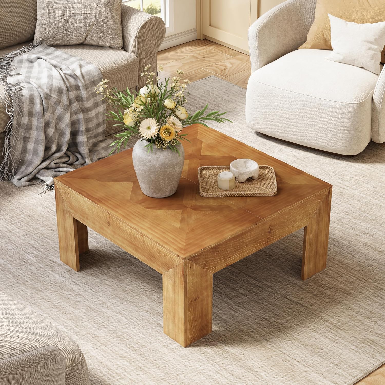 LITTLE TREE 39.4' Solid Wood Coffee Table, Square Coffee Table with Intricate Inlaid Top & Sturdy Legs, Rustic Center Tables for Living Room, Easy Assembly, Brown, 39.4' L x 39.4' W x 19.7' H