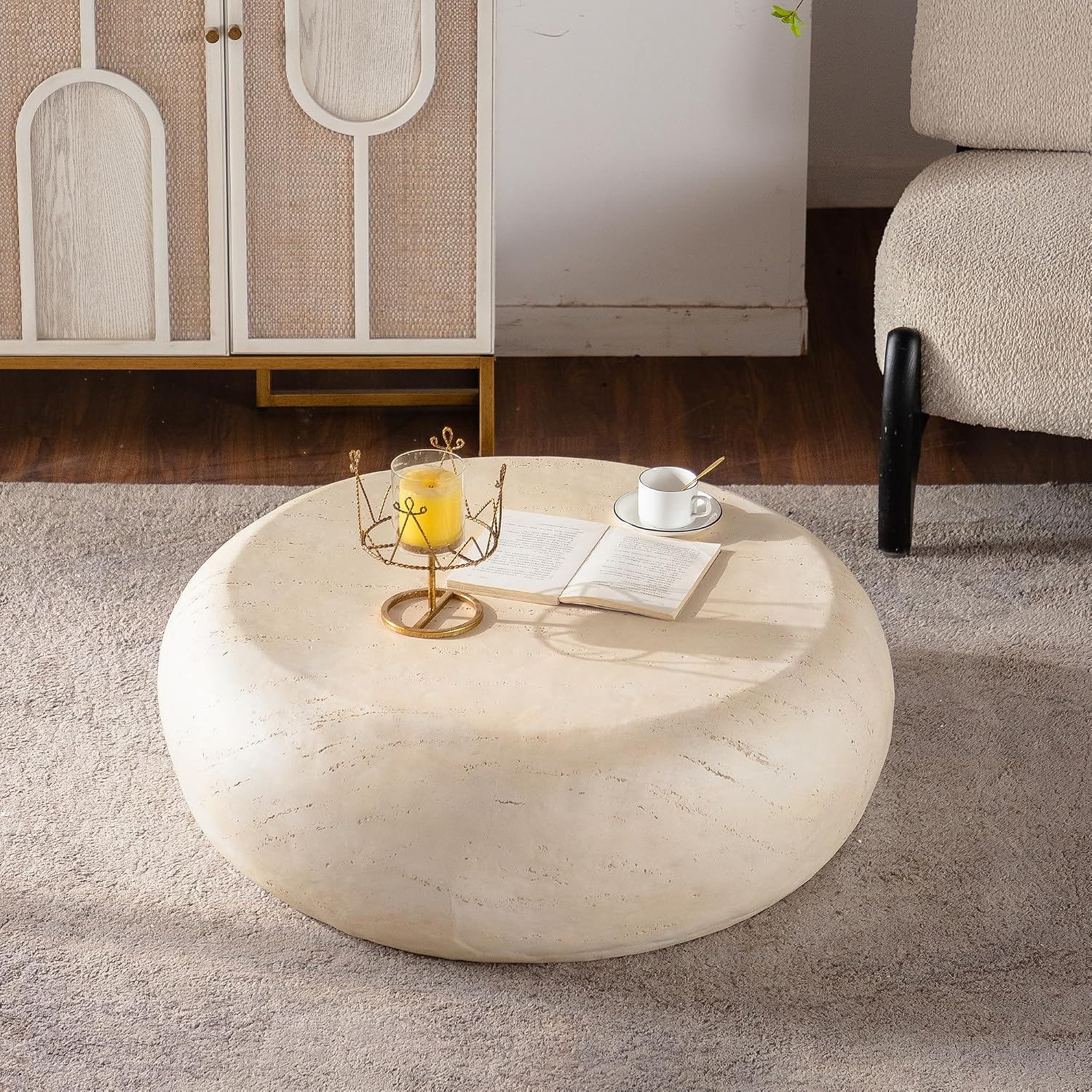 35.43' MgO Round Centre Coffee Table Vintage Faux Stone Sofa Pre-Modern Coffee Tables for Living Room Office Apartment,Beige