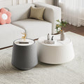 Round Coffee Table Set with Sintered Stone Tabletop, 26.77' White Drum Center Table and 19.68' Grey Coffee Table Set, 2 Pieces Living Room Table Set with Fluted PU Leather Cover& Stable Base
