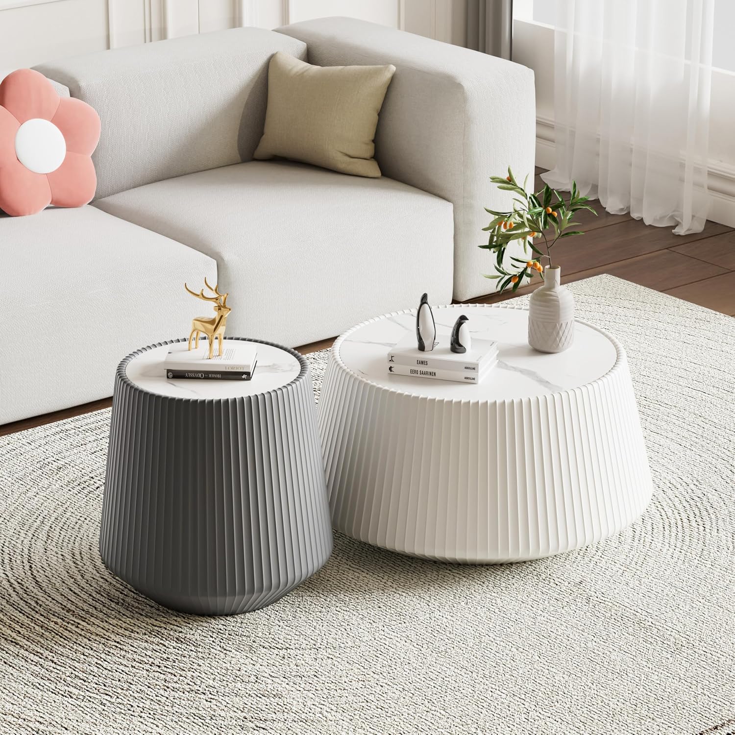 Round Coffee Table Set with Sintered Stone Tabletop, 26.77' White Drum Center Table and 19.68' Grey Coffee Table Set, 2 Pieces Living Room Table Set with Fluted PU Leather Cover& Stable Base