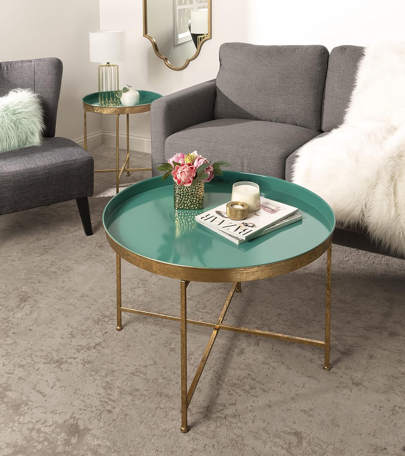 Kate and Laurel Celia Modern Coffee Table; 28 x 28 x 19; Teal and Gold; Glamorous Folding Metal Table For Storage and Display