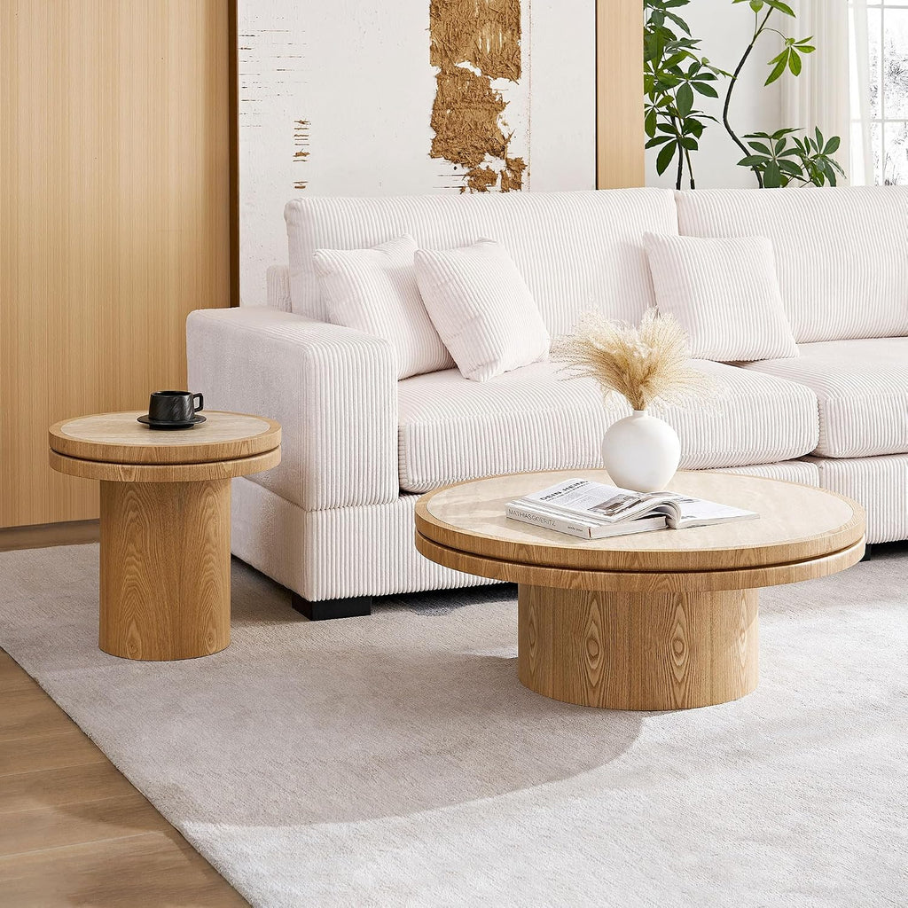 JUSTONE 19.49 '' Round Fluted Coffee Table Small Accent Table for Living Room,Modern Small Accent Table Sofa Side End Table for Living Room,Home Balcony(Natural)