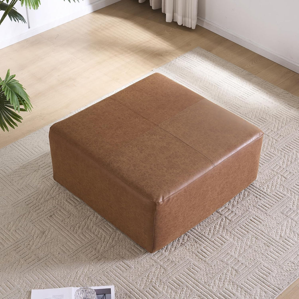 35' Wide Oversized Square Ottoman Coffee Table, Faux Leather Couch Ottoman Large Footstool for Living Room (Brown, Square)