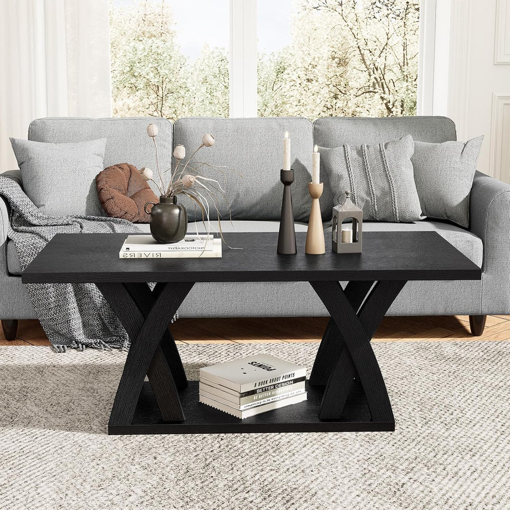 FROMJBEST Farmhouse Coffee Table with Shelf, Mordern CoffeeTable, Black Coffee Table Living Room, Living Room Tables,47' Black with Grey