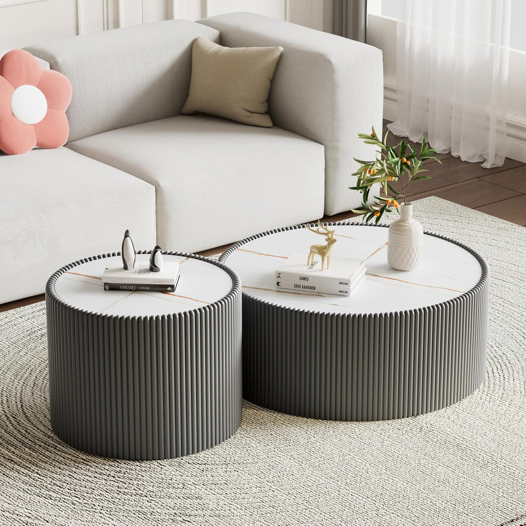 Round Coffee Table Set with Sintered Stone Tabletop, 29.52' Grey Drum Center Table and 17.71' Grey Coffee Table Set, 2 Pieces Living Room Table Set with Fluted PU Leather Cover& Stable Base