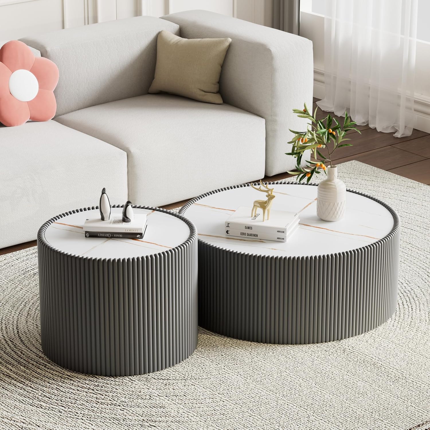 Round Coffee Table Set with Sintered Stone Tabletop, 29.52' Grey Drum Center Table and 17.71' Grey Coffee Table Set, 2 Pieces Living Room Table Set with Fluted PU Leather Cover& Stable Base