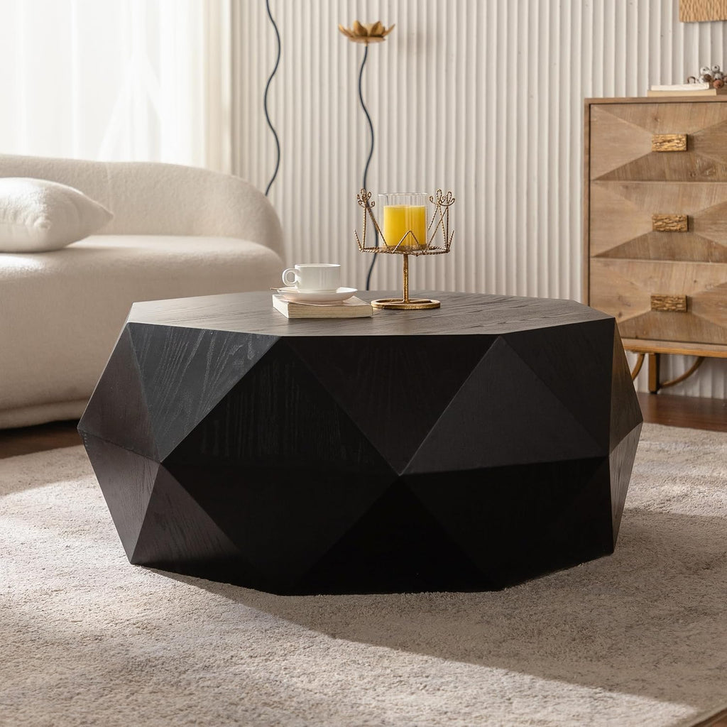 38' Three-Dimensional Embossed Pattern Modern Farmhouse Round Coffee Table, Center Table with for Living Room, Apartment, Office, Black, No Need Assembly