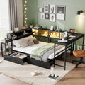Twin Corner Bed Frame with Desk and Storage, Twin Size Daybed with Bookcase Shelves, LED Lights & Charging Station, L-Shaped Bed with Storage Drawers for Kids Teens, No Box Spring Needed (Black)