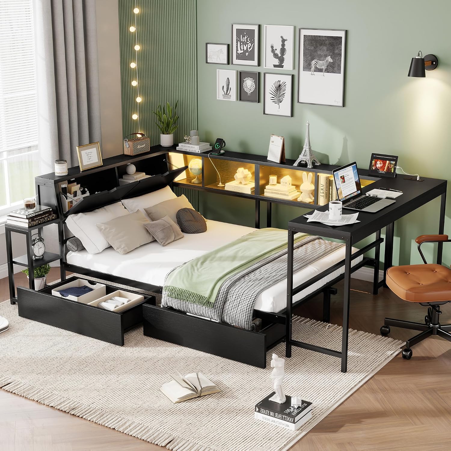 Twin Corner Bed Frame with Desk and Storage, Twin Size Daybed with Bookcase Shelves, LED Lights & Charging Station, L-Shaped Bed with Storage Drawers for Kids Teens, No Box Spring Needed (Black)