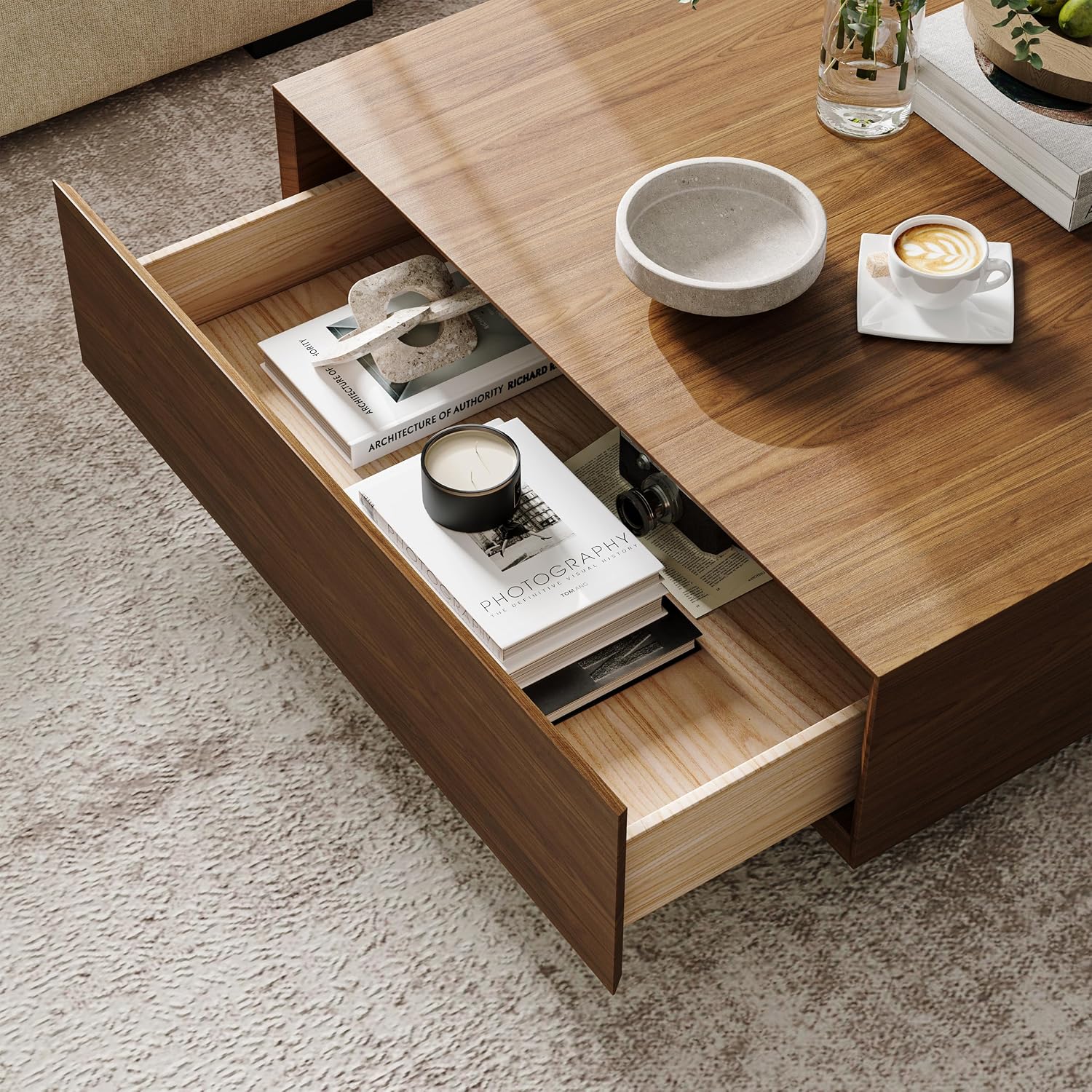 POVISON Modern Square Coffee Table with Storage, 35.43' Wood Coffee Table for Living Room Table Walnut, Fully Assembled