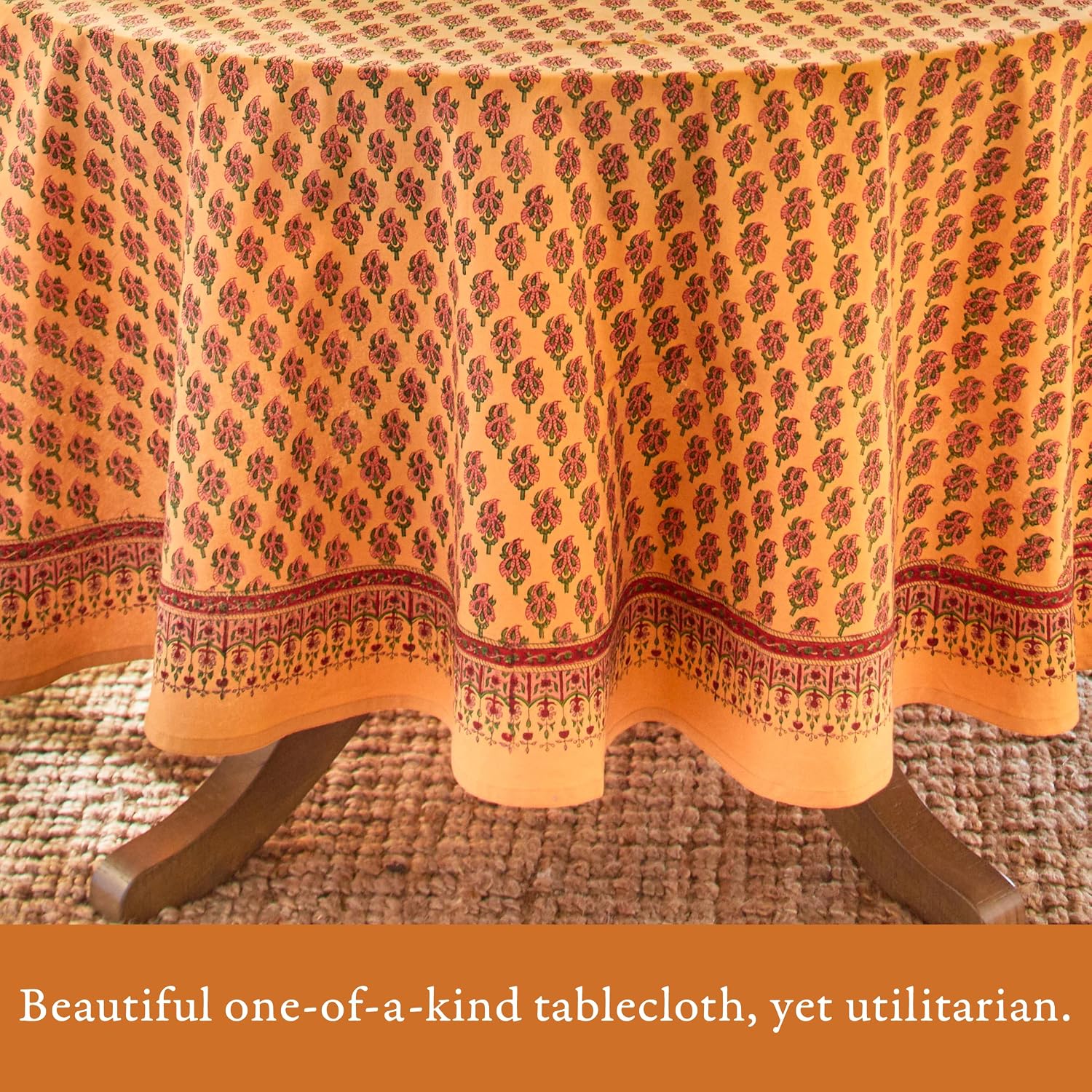 Saffron Marigold Round Hand Block Printed Tablecloth - Orange Indian Summer Luxurious 100% Cotton, Washable, for Home Decor, Kitchen, Coffee Or Dining Table 90 Inch