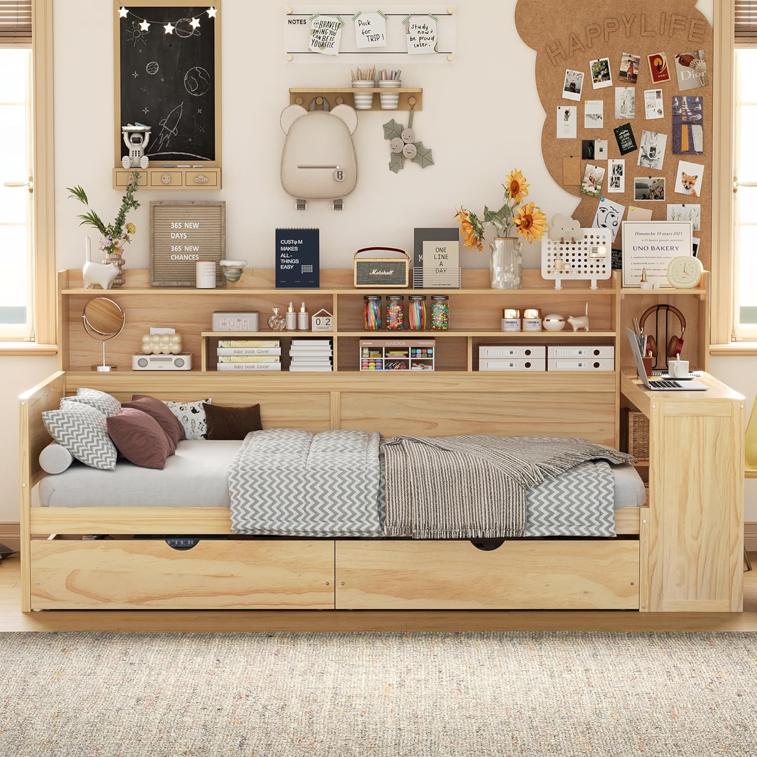 LUMISOL Twin Size Daybed with Storage Shelves & Drawers, Wooden Day Bed with Built-in Desk, Space Saving Corner Bed Frame for Living Room, Guest Room, No Box Spring Needed, Natural