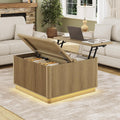 Modern Lift Top Coffee Table with Storage, Square Coffee Tables with LED Lighting and Power Outlet, Wooden Square Center Table for Living Room, Home Office, Natural