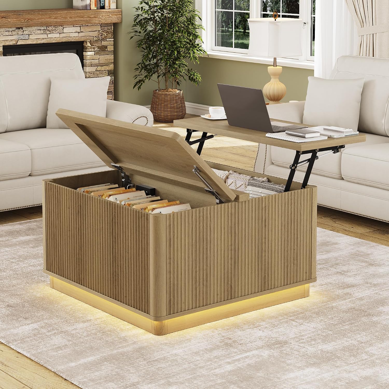Modern Lift Top Coffee Table with Storage, Square Coffee Tables with LED Lighting and Power Outlet, Wooden Square Center Table for Living Room, Home Office, Natural