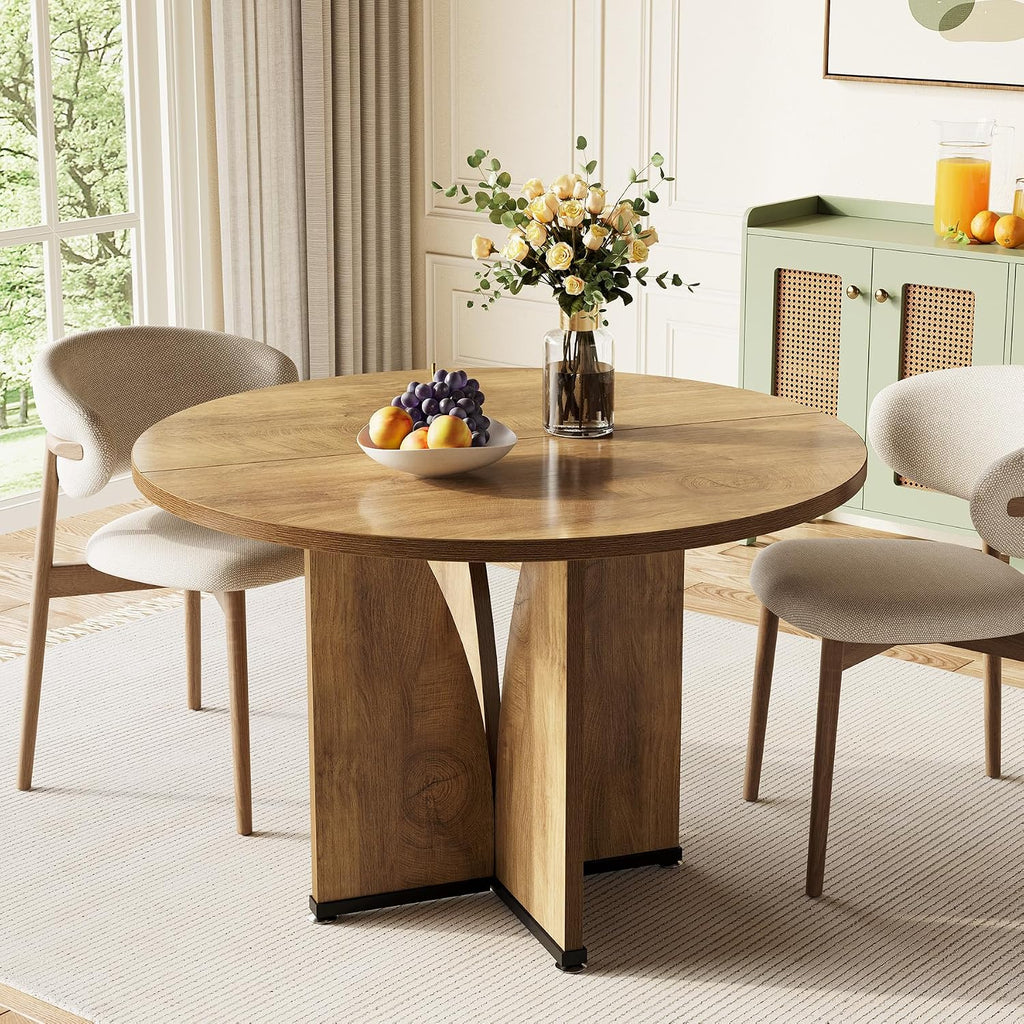 LITTLE TREE 39-Inch Dining Table for 4, Rustic Kitchen Table, Round Dining Table with X-Shaped Stable Pedestal, Farmhouse Dinner Table for Dining Room, Living Room