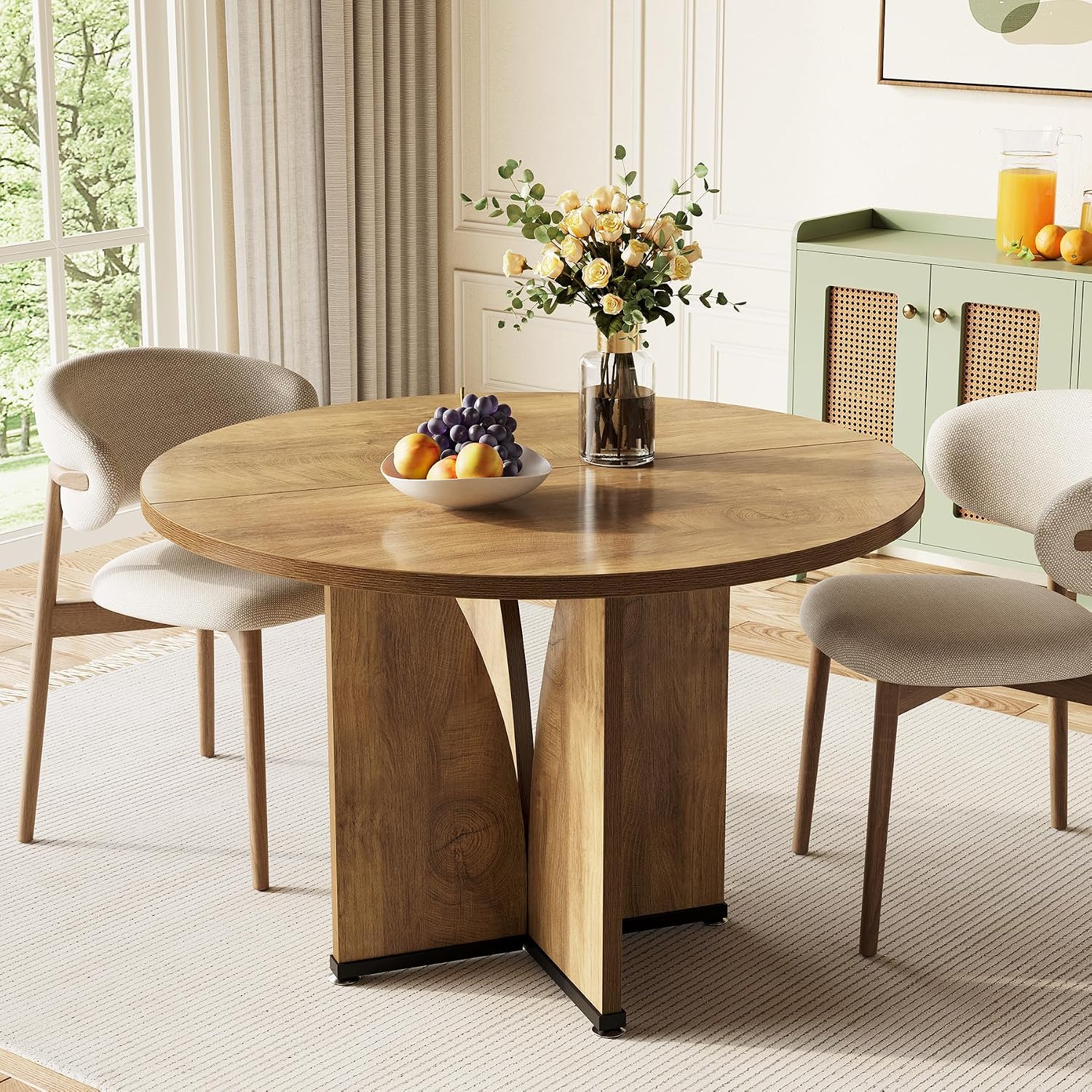 LITTLE TREE 39-Inch Dining Table for 4, Rustic Kitchen Table, Round Dining Table with X-Shaped Stable Pedestal, Farmhouse Dinner Table for Dining Room, Living Room