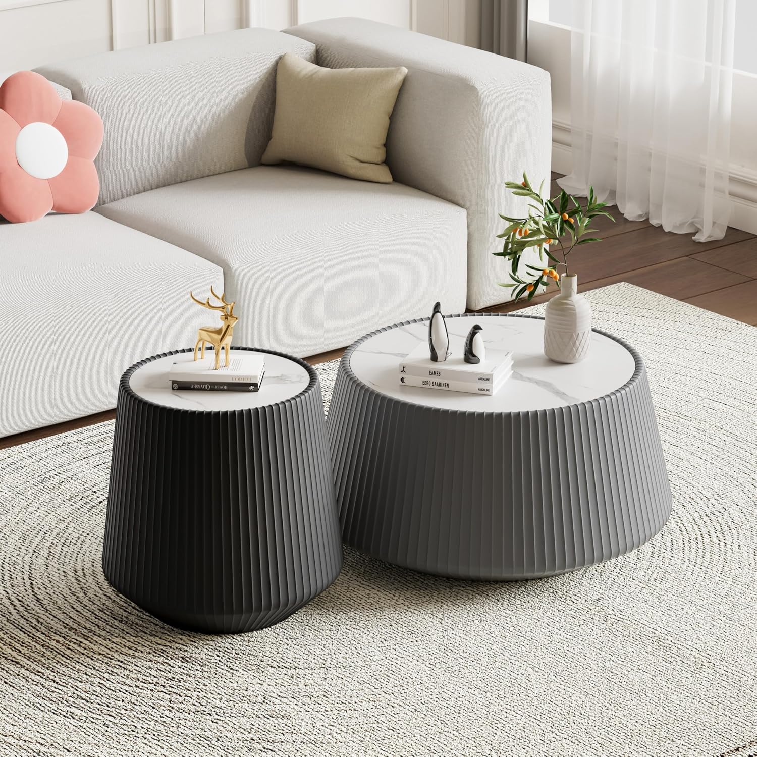 Round Coffee Table Set with Sintered Stone Tabletop, 26.77' Grey Drum Center Table and 19.68' Black Coffee Table Set, 2 Pieces Living Room Table Set with Fluted PU Leather Cover& Stable Base
